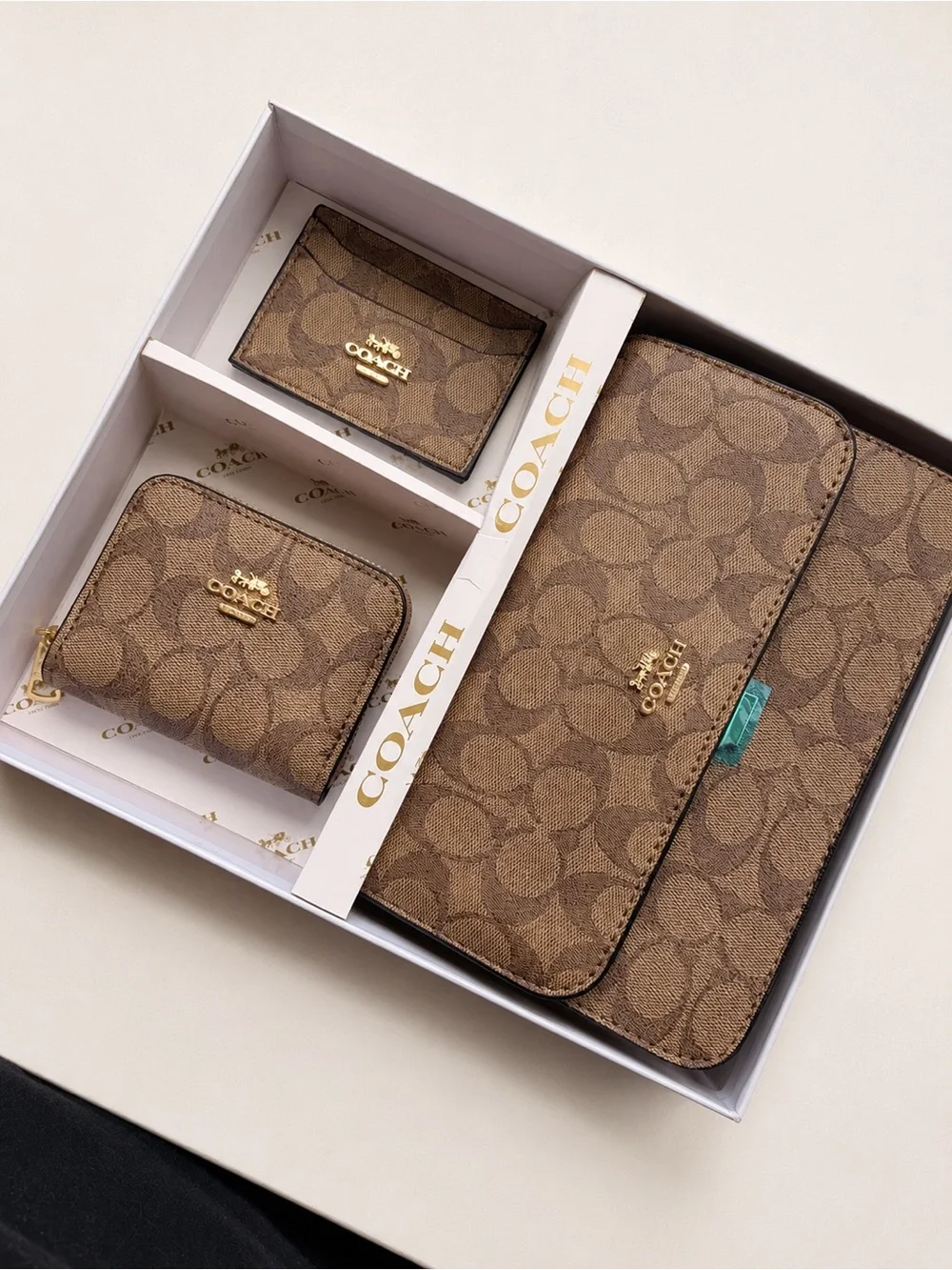 Coach Brown Signature Monogram Wallet, Card Case & Zip Coin Pouch Set